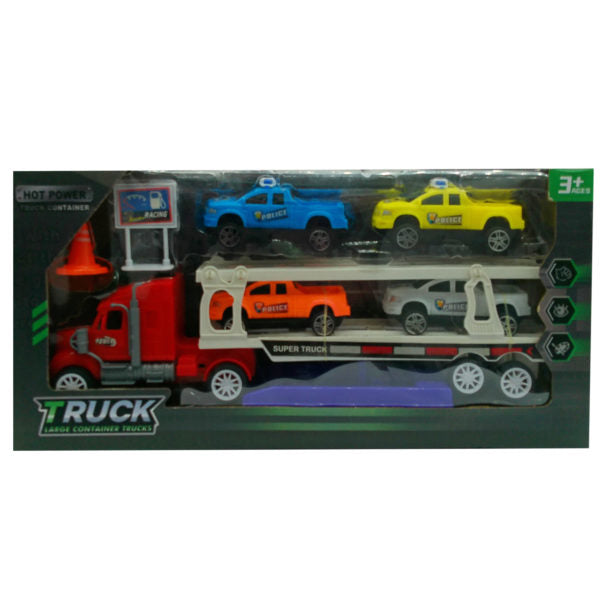 Transport Car Carrier Truck with Four Police Cars and Launch Ramp