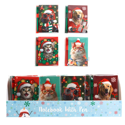 Notebook Christmas Pets In Santa Hats W/pen 4ast In 24pc Pdq 3.75inx5.9in 80ruled Sheet Pb/label