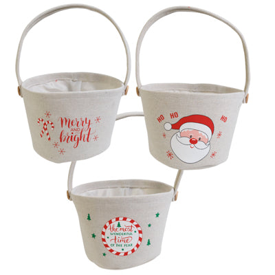 Basket W/handle Canvas W/lining 3asst Christmas Prints 6x8in Xmas Hangtag