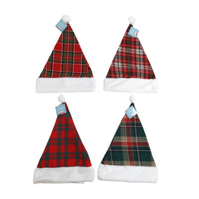 Santa Hat Plaid 17in 4ast W/white Furry 12in Cuff Xmas Ht/jhook