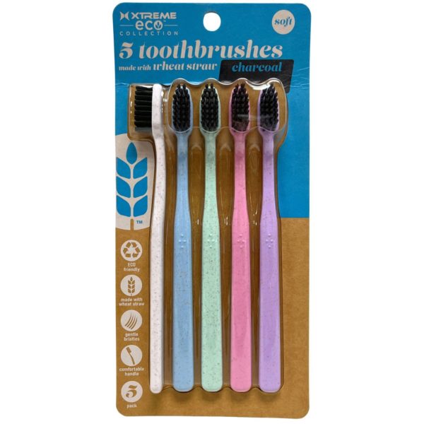 Xtreme Eco 5 Pack Wheat Straw Toothbrushes with Charcoal Soft Bristles
