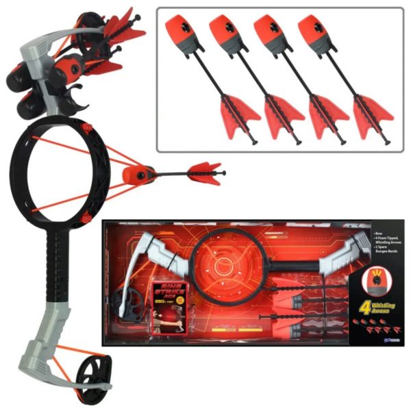 FunWares Silver and Black Ring Strike Ace Compound Bow Launcher with 4 Whistling Arrows in Open Display Box