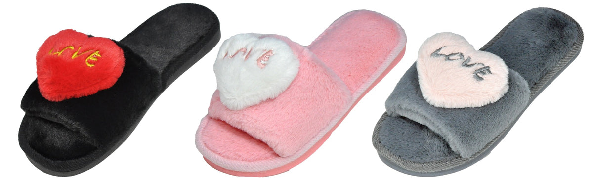 Women's Bedroom Slide Sandals w/ Embroidered Love Graphic & Heart Embellishment