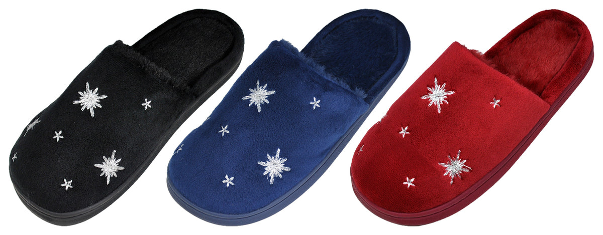 Women's Mule Bedroom Slippers w/ Embroidered Night Star & Soft Footbed - Assorted Colors