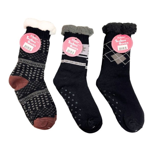 1 Pack Fuzzy Sock with Circular Grips in Assorted Winter Argyle Snowflake Designs