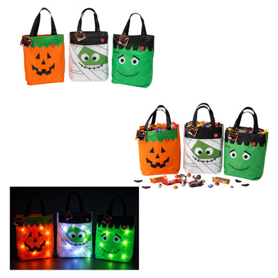 Trick Or Treat Bag W/multifunction Led Lights 3ast/polyester 8x13in Hlwn Ht/pb