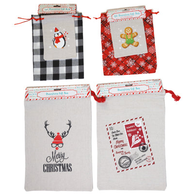 Gift Bag Christmas Drawstring Canvas Print 2pk Small/med Or Single Large Xmas Header