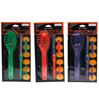Pumpkin Carving Kit 4pc & Stencil Book 3ast Colors