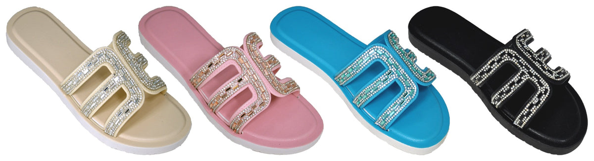 Women's Aztec Design Slide Sandals w/ Embroidered Rhinestones