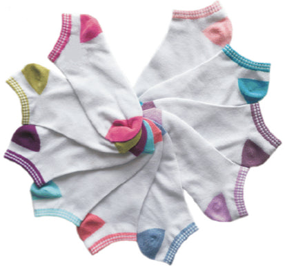 Women's No Show Novelty Socks - White w/ Pastel Heel Print - 10-Pair Packs - Size 9-11