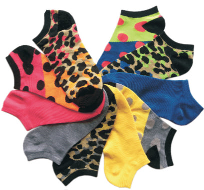 Women's No Show Novelty Socks - Leopard, Polka Dot, & Solid Print - 10-Pair Packs - Size 9-11