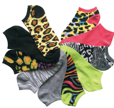 Women's No Show Novelty Socks - Leopard, Zebra, & Solid Print - 10-Pair Packs - Size 9-11