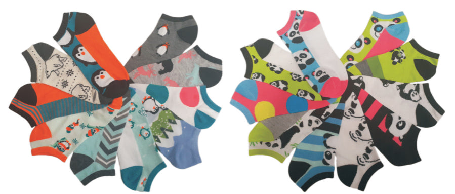 Women's No Show Novelty Socks - Panda & Penguin Print - 10-Pair Packs - Size 9-11