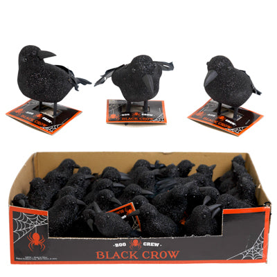 Crow Black Glitter W/feather Tail 3ast 5.5/6.8in 36pc Pdq Hlwn Tcd