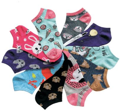 Women's No Show Novelty Socks - Cuddly Creatures & Ice Cream Print - 10-Pair Packs - Size 9-11