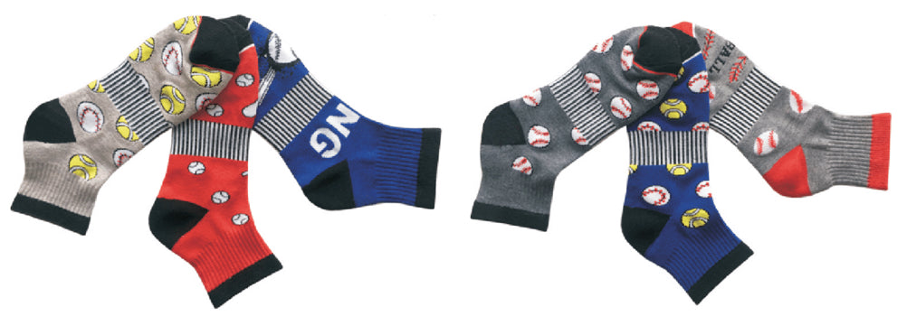 Men's Cushioned Athletic Low Cut Socks w/ Arch Support - Baseball Prints - 3-Pair Packs