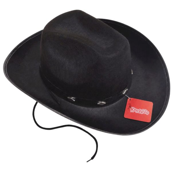 Black Cowboy Hat with String Chin Strap and Diamond Studs