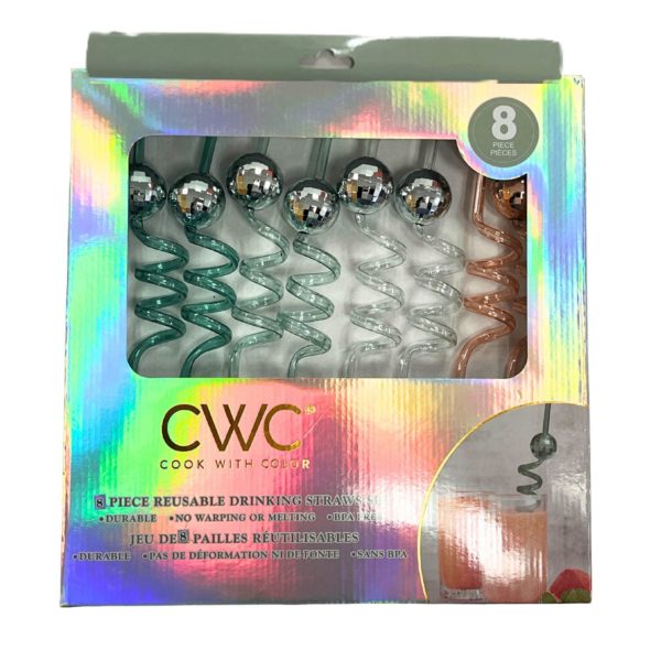 Cook with Color 8 Piece Teal and Gold Disco Ball BPA Free Swirly Plastic Straw Set