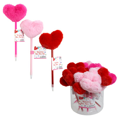 Heart Pom Pom Ballpoint Pen 8.5in Red/hot Pink/light Pink In 24pc Pvc Tube/label