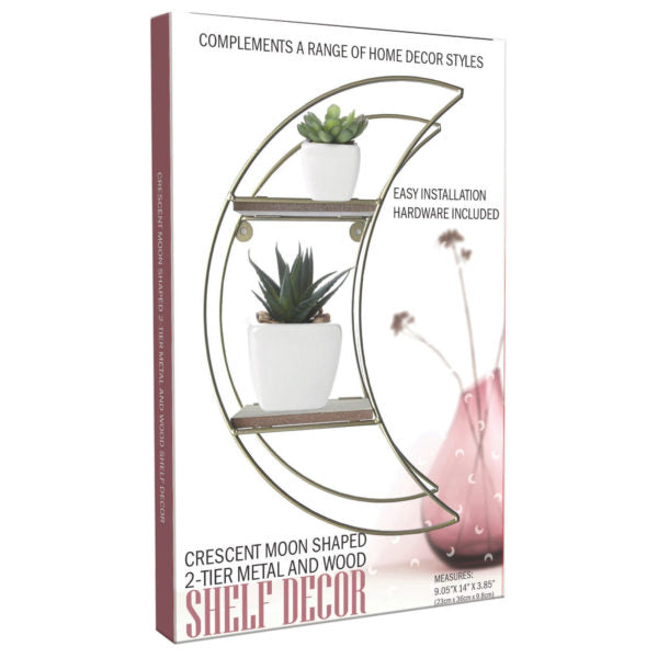 Crescent Moon Shaped 2-Tier Metal and Wood Shelf Decor