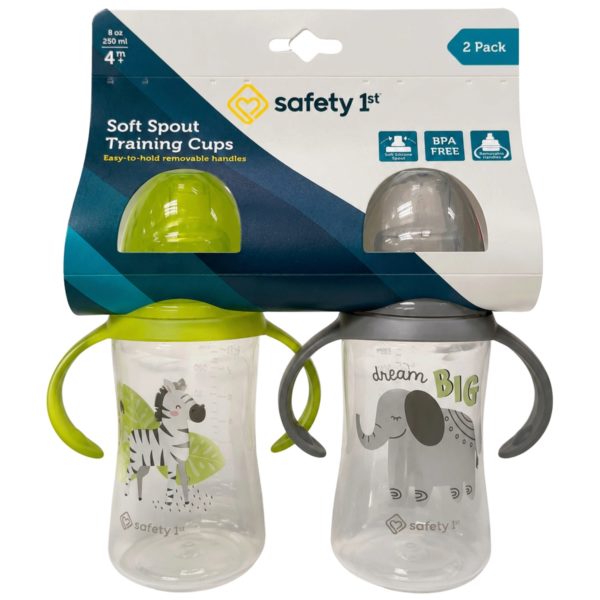 Safety First 2-Pack 9oz Printed Sippy Cups with Silicone Spout & Easy-Grip Handles in Yellow & Gray