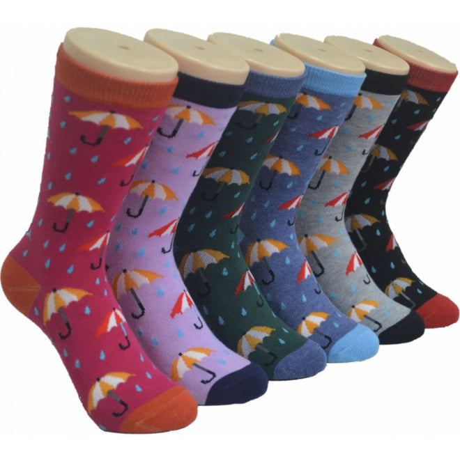 Women's Novelty Crew Socks - Umbrella & Rain Print - Size 9-11