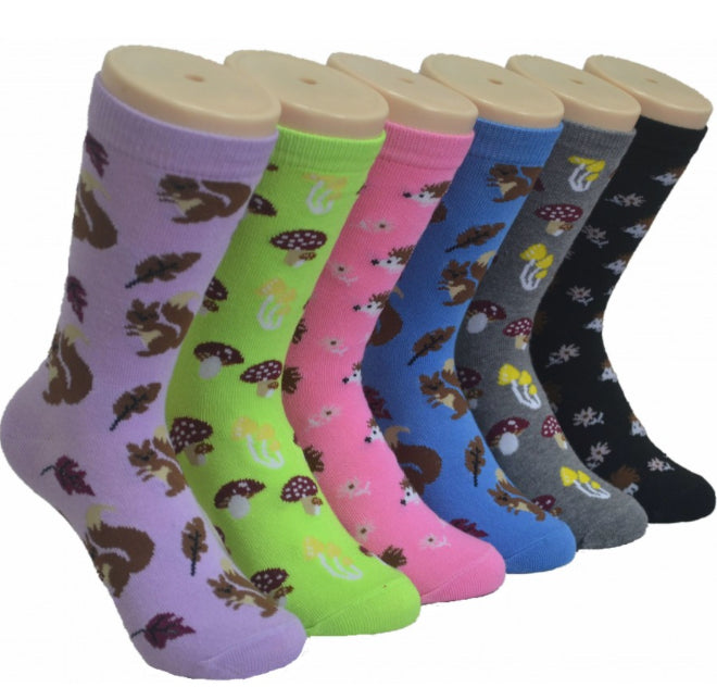 Women's Novelty Crew Socks - Autumn & Squirrel Print - Size 9-11