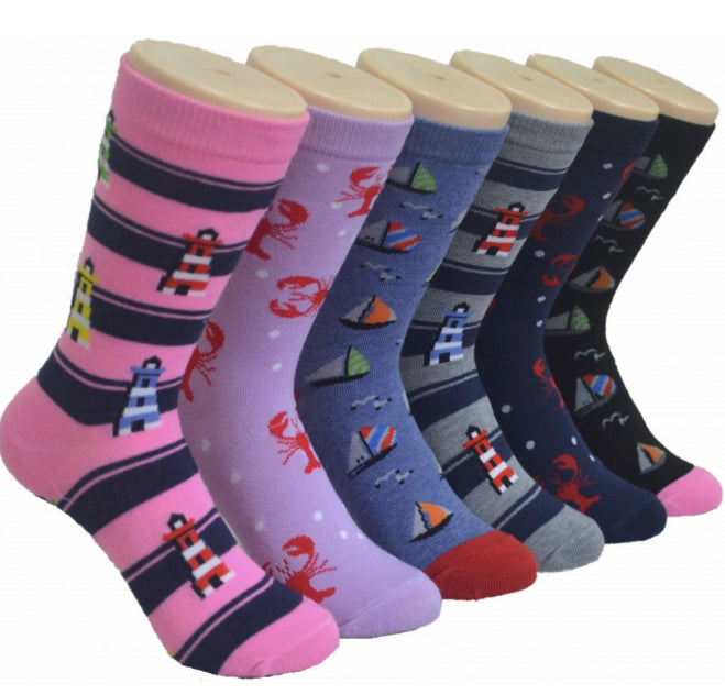 Women's Novelty Crew Socks - Lighthouse, Boat, & Crab Print - Size 9-11