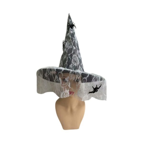 White Elegant Floral Lace Veil with Spiders Witch Hat