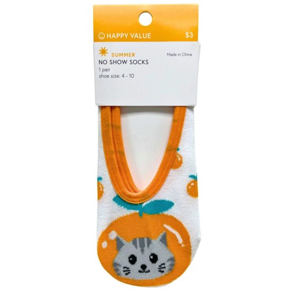 Happy Value Orange Cat No Show Socks in Sizes 4-10