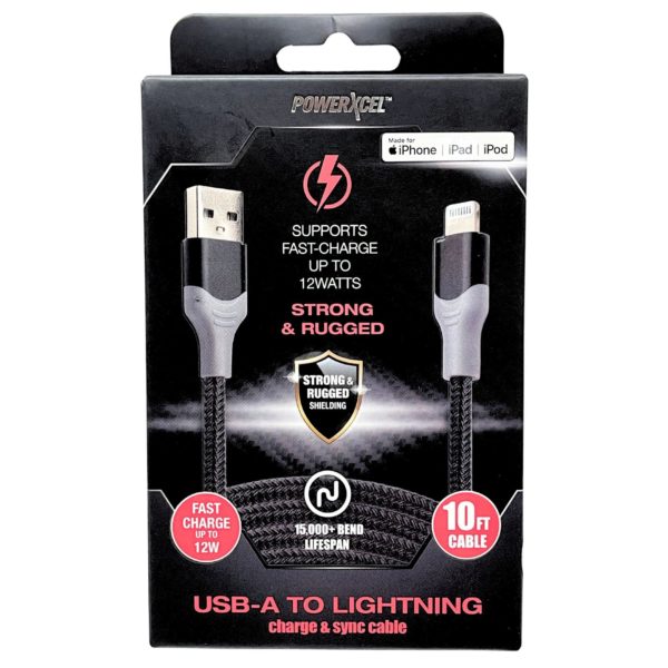 PowerXcel 10 Foot Braided MFI iPhone Lightning Cable in Black