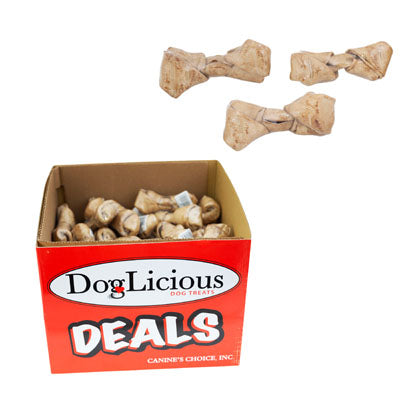 Dog Treats 4-5 Inch Knotted Bone Rawhide Chew Peanut Butter Counter Display