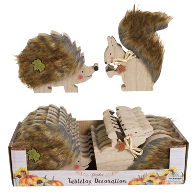 Table Decor Harvest Furry Trim Squirrel/hedgehog 2 Ast / 5.7in /12pc Pdq Mdf Comply Label