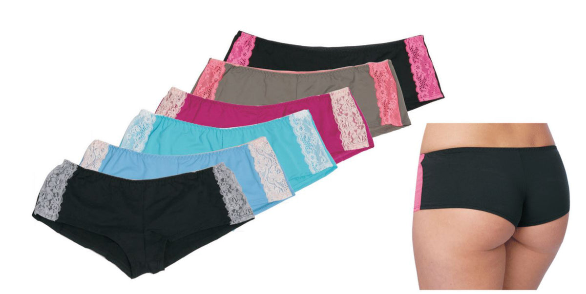 Women's Microfiber Boy Short Panties - Solid Colors w/ Lace Trim - Sizes 5-7