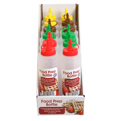 Food Prep Bottle 12-pc 12-oz 4 Colors W/color Label Red, Yellow, Green & Brown Counter Display