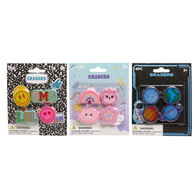 Erasers 4pk Novelty 3ast Themes Ea On Own Card Art