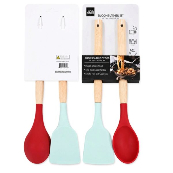 2 Piece Silicone Kitchen Utensil Set with Wood Handles Spoon and Turner