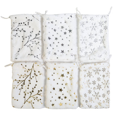 Gift Bag White Plush 6.7 X 8.6in 3 Style Hotstamp Print/ Gold Or Silver Xmas Hdr