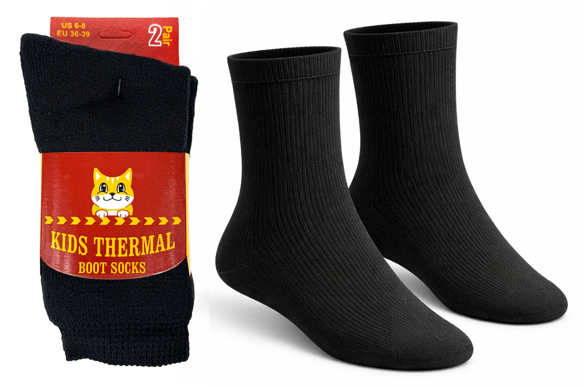 Boy's and Girl's Black Thermal Crew Boot Socks - Size 6-8