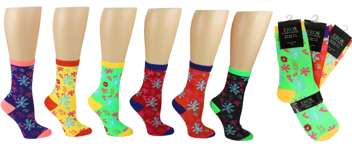 Women's Novelty Crew Socks - Daisy Flower Prints - Size 9-11