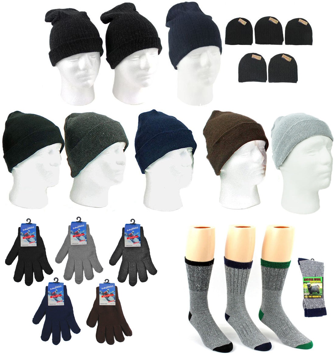 Adult Cuffed Winter Knit Hats, Adult Magic Gloves, and Men's Angora Wool Blend Socks Combo