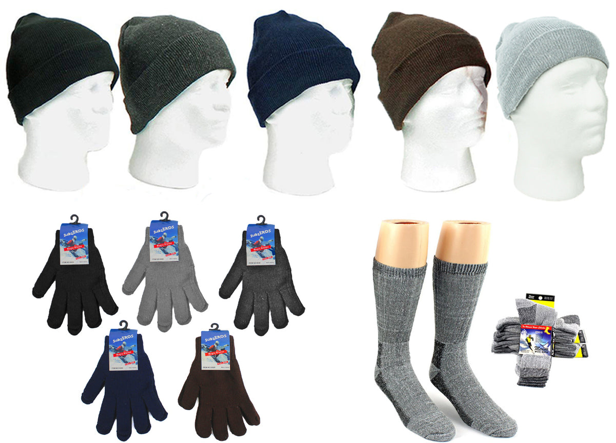 Adult Cuffed Winter Knit Hats, Adult Magic Gloves, and Men's Merino Wool Blend Socks Combo