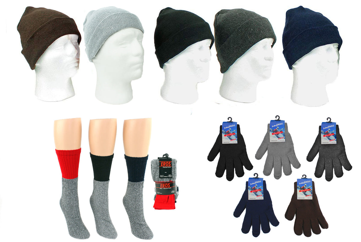 Adult Cuffed Winter Knit Hats, Adult Magic Gloves, & Women's Thermal Socks