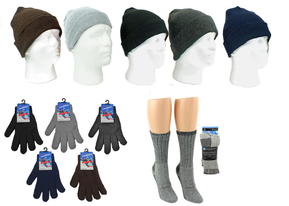 Adult Cuffed Winter Knit Hats, Adult Magic Gloves, and Women's Merino Wool Blend Socks Combo
