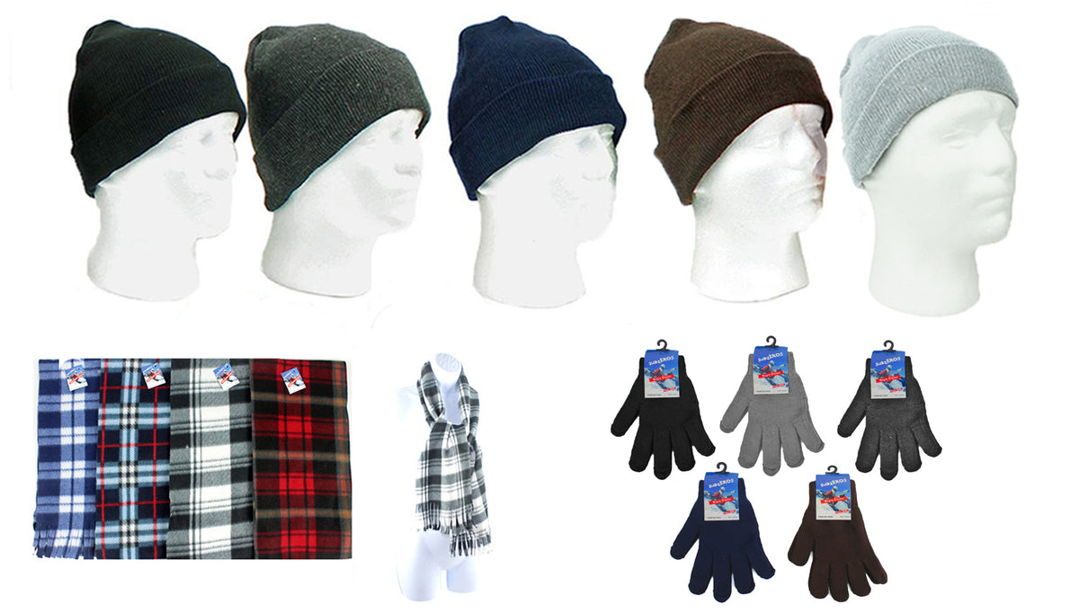 Adult Cuffed Winter Knit Hats, Adult Magic Gloves, and Adult Checkered Fleece Scarves