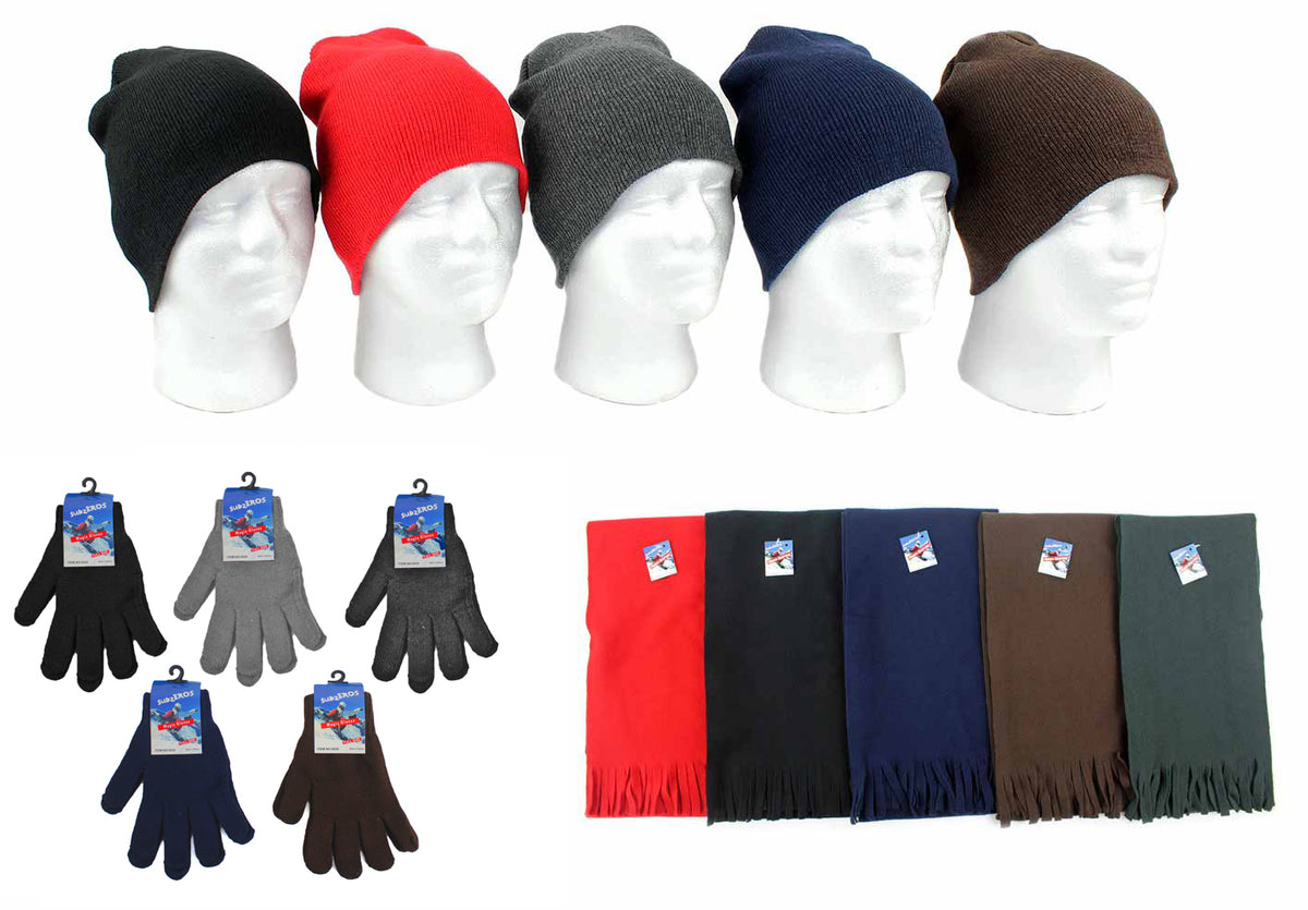 Adult Beanie Winter Knit Hats, Adult Magic Gloves, and Adult Solid Scarves Combo Packs