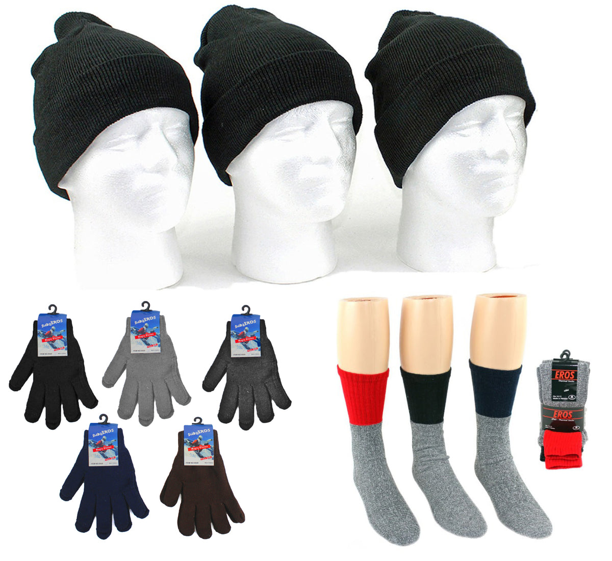 Adult Cuffed Winter Knit Hats, Adult Magic Gloves, and Men's Thermal Crew Socks Combo