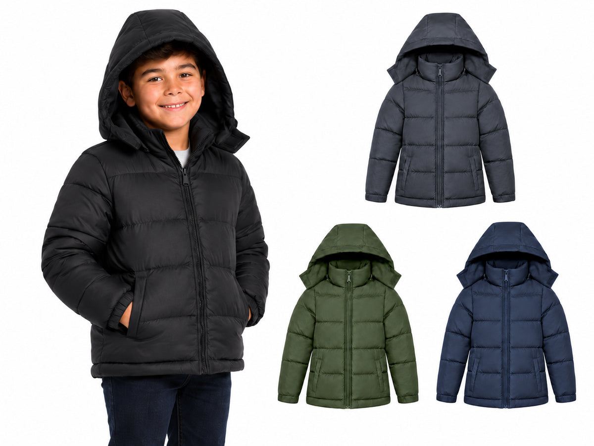 Boy's Insulated Winter Puffer Jackets w/ Fleece Lining & Detachable Hood - Sizes 8-18