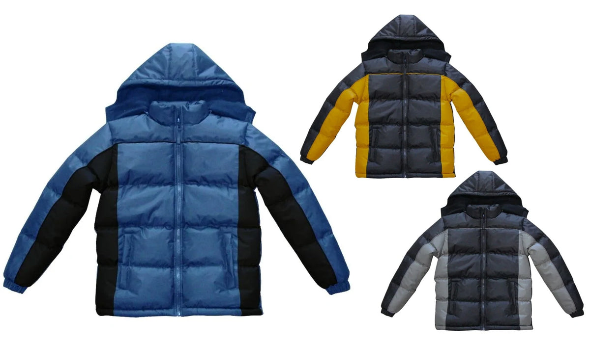 Boy's Insulated Winter Puffer Jackets w/ Fleece Lining & Hood - Sizes 8-18 - Black w/ Red