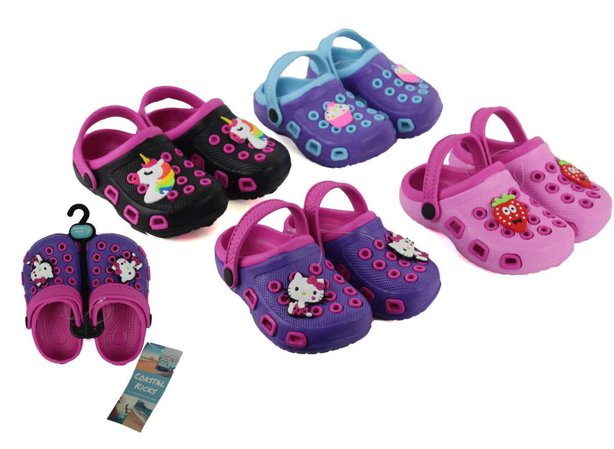 Coastal Kicks Toddler Girl's Two-Tone Clogs w/ Hello Kitty & Unicorn Patches